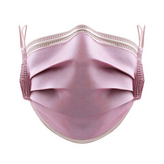 Close-up of a pleated mauve protective face covering with ear loops, on a black background