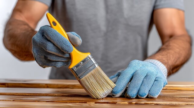Male artisan wearing blue gloves is applying varnish with a paintbrush on wooden surface, showcasing craftsmanship and attention to detail in a well-lit workshop environment with natural textures