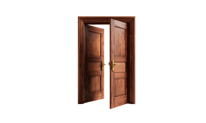 Brown wooden double doors slightly ajar against a stark black background, emphasizing contrast