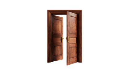 Brown wooden double doors slightly ajar against a stark black background, emphasizing contrast