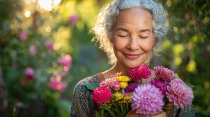 Naklejka premium A joyful woman holds a bouquet of vibrant flowers in a lush garden, radiating happiness and tranquility amidst nature's beauty.