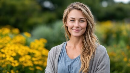 A cheerful young woman stands in a vibrant garden filled with yellow flowers, radiating positivity and warmth in a natural setting.