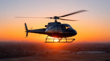 A helicopter soars through the sky during a vibrant sunset, showcasing a city skyline in the background. Ideal for travel and adventure themes.