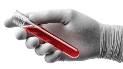Hand in glove holding blood sample test tube isolated on transparent background