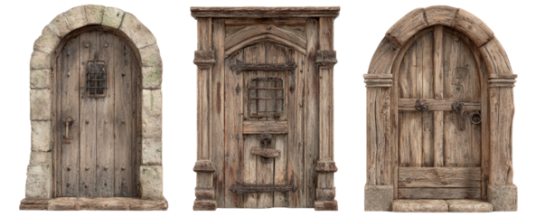 Three weathered wooden doors with various shapes, each with an arched top, evoking a medieval aesthetic