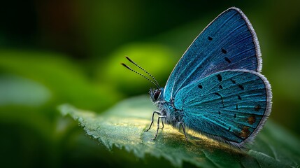 Obraz premium macro photography of a blue butterfly resting on a green leaf, sunlight reflection, detailed wing texture, bokeh background, f/2.8 lens, realistic color tones