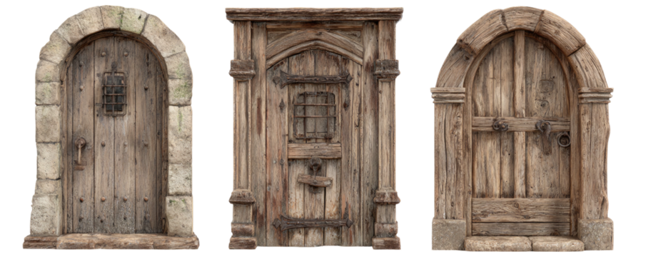 Three weathered wooden doors with various shapes, each with an arched top, evoking a medieval aesthetic