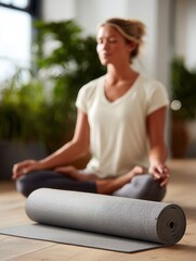 A woman sits in a meditative pose on a yoga mat in a serene indoor environment, surrounded by plants, promoting relaxation and mindfulness.