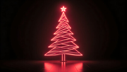 Modern Neon Red Wireframe Christmas Tree with Glowing Star on Dark Black Reflective Background for Futuristic Holiday Promotion, Minimalist New Year Poster,
