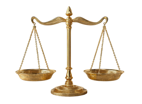 Gilded, ornate balance scale, representing justice and fairness, isolated on a black background