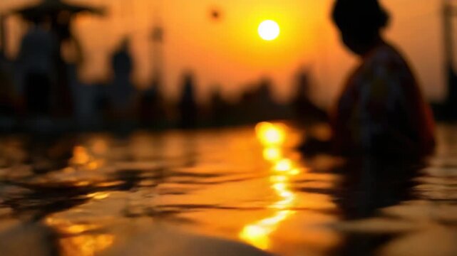 Serene Chhath Puja Celebration at Sunset by the Water