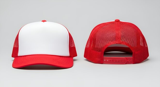 A blank red and white trucker hat shown from the front and back, featuring a foam panel, mesh back, and snapback closure