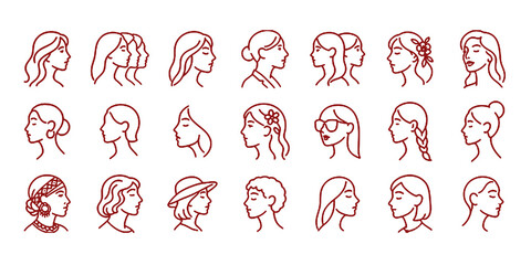 Female head line icon set. Vector pictograms of beauty lady, sunglasses, earrings, ethnic, scarf, hat, expression, elegant, youth woman, modern, thin linear illustration.