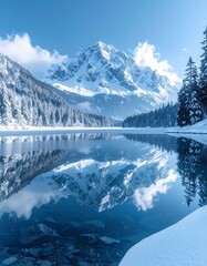 Perfectly reflective frozen lake surrounded by snow mountains