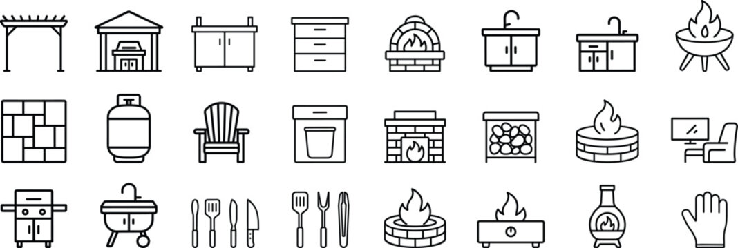 Backyard firepit and outdoor living line icon set. Vector pictograms of patio kitchen, fireplace, chiminea, pizza oven, grill, firewood, and propane tank thin linear illustration