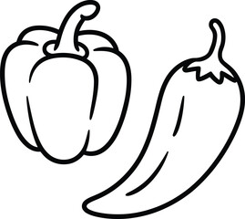 Bell pepper and chili peppers line drawing, black and white vector illustration, vegetable outline sketch, botanical food design template, spicy ingredient art