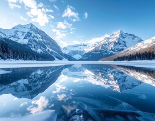 Perfectly reflective frozen lake surrounded by snow mountains