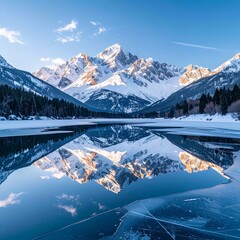 Perfectly reflective frozen lake surrounded by snow mountains