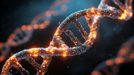 Stunning 3D rendered DNA helix glowing with vibrant energy, symbolizing life's building blocks and scientific innovation.
