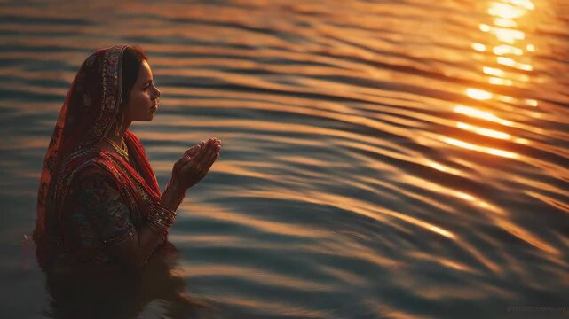 Devotee Praying During Chhath Puja at Sunset by the Water