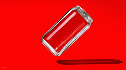 Transparent glass jar floating above a vibrant red background, showcasing its sleek design and reflections, creating a striking visual contrast and emphasizing the concept of levitation and minimalism