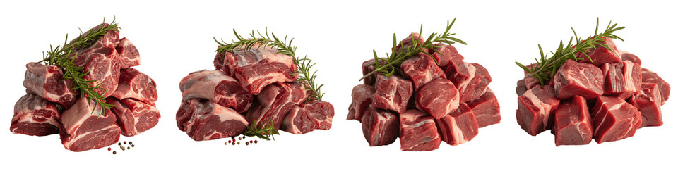 Four raw lamb chops with rosemary isolated on transparent background