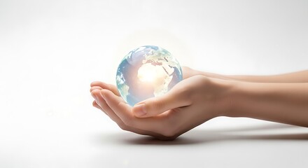 Human hands gently cradling a glowing glass globe of the world.