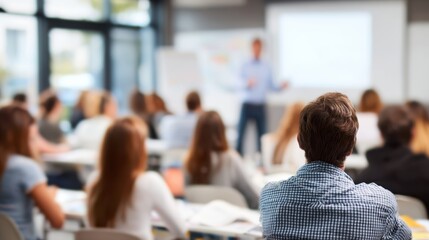 A focused group of students attending a lecture in a modern classroom, engaged in learning and collaboration.