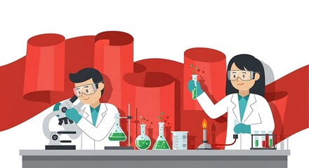 Scientists Conducting Experiments in a Laboratory with Red Ribbons.