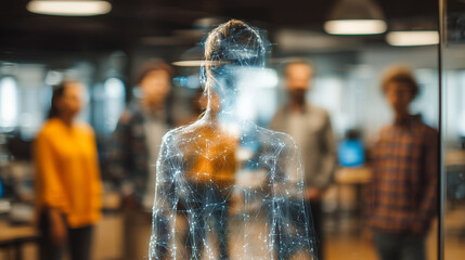 Team meeting with a hologram or virtual assistant using AI. Concept of a futuristic office and the use of technology to improve work.