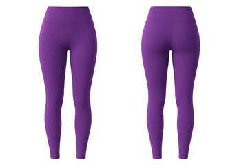 Purple women's high-waisted leggings front and back view isolated on transparent background