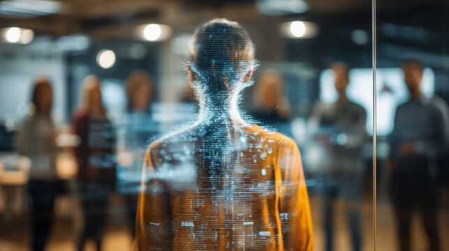 Team meeting with a remote person or hologram powered by AI. Use of AI technology in the office and at work