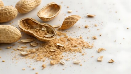Unshelled Peanuts And Shell Fragments On White Surface With Natural Lighting