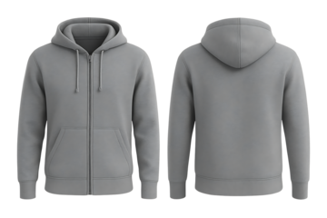 Grey hoodie front and back view for mockup isolated on transparent background