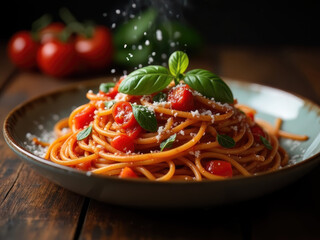 Spaghetti with tomato sauce, garnished with fresh basil and Parmesan; vibrant colors stand out against a dark background, appetizing and rustic.