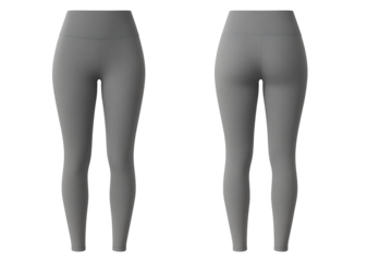 Grey women's high-waisted leggings front and back view isolated on transparent background