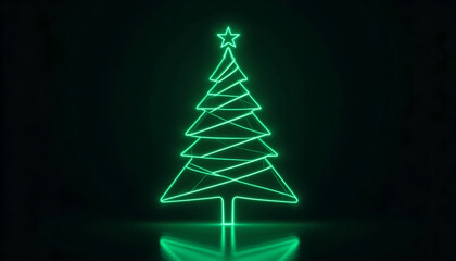 Futuristic Neon Green Wireframe Christmas Tree with Glowing Star on Dark Black Background for Modern Holiday Invitation, Digital Technology Banner, and Minimalist New Year Marketing Design