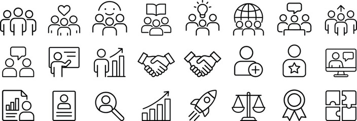 Obraz premium Business and teamwork line icon set. Vector pictograms of leadership, productivity, collaboration, work life balance, brainstorming, and employee communication thin linear illustration