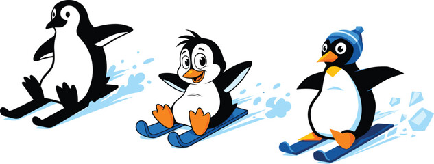Cute penguins skiing on ice, winter sports illustration, happy cartoon penguins sliding on snow, fun cold season animal adventure art