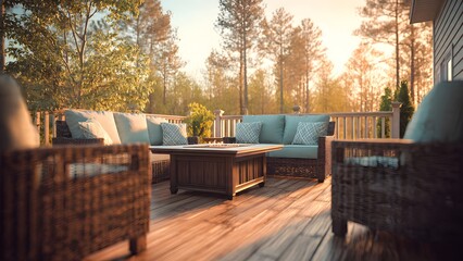 Outdoor Patio Oasis: A serene view of an inviting outdoor patio, with cozy seating, a central table, and a backdrop of lush nature bathed in golden sunlight.