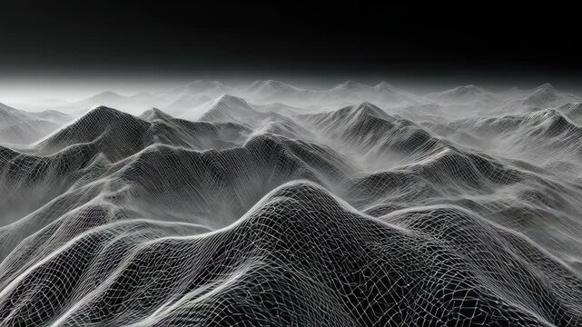 Abstract landscape of wireframe mountains in monochrome, fading into darkness
