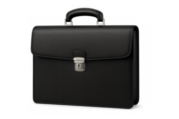 Black leather business briefcase with silver lock, representing professionalism, executive work, education, and career success