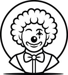 Clown face illustration with curly hair and bow tie, black and white vector art, circus character design template, entertainment graphic icon