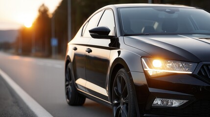Fototapeta premium A modern black sedan parked on a quiet road during sunset, showcasing its sleek design and headlights. Ideal for automotive and lifestyle themes.