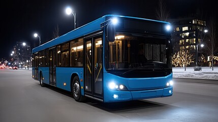 A blue city bus parked on a snowy street at night, illuminated by streetlights. The scene captures urban transportation in winter.