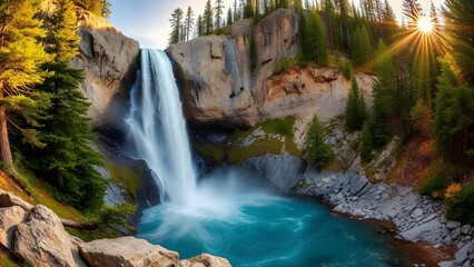 Majestic Waterfall Landscape with Sunlight in Mountain Forest
.