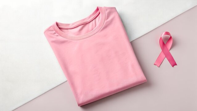 Pink T shirt and Awareness Ribbon for Breast Cancer Support Displayed on a Diagonal Split Background