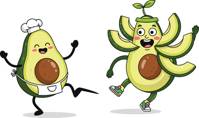 Funny cartoon avocado characters dancing with happy faces, chef hat, cute fruit illustration, healthy food concept, joyful avocado friends art