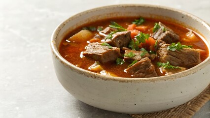 Hearty Beef Stew with Vegetables and Herbs in a Rustic Bowl on a Textured Surface