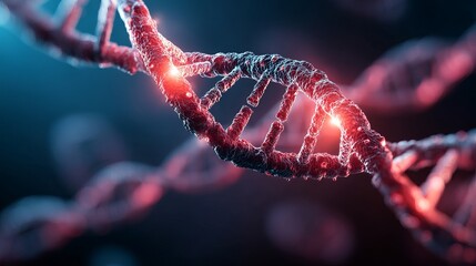 Dynamic 3D rendering of a glowing red DNA helix structure against a dark blue background, symbolizing life science and genetics research advancements.